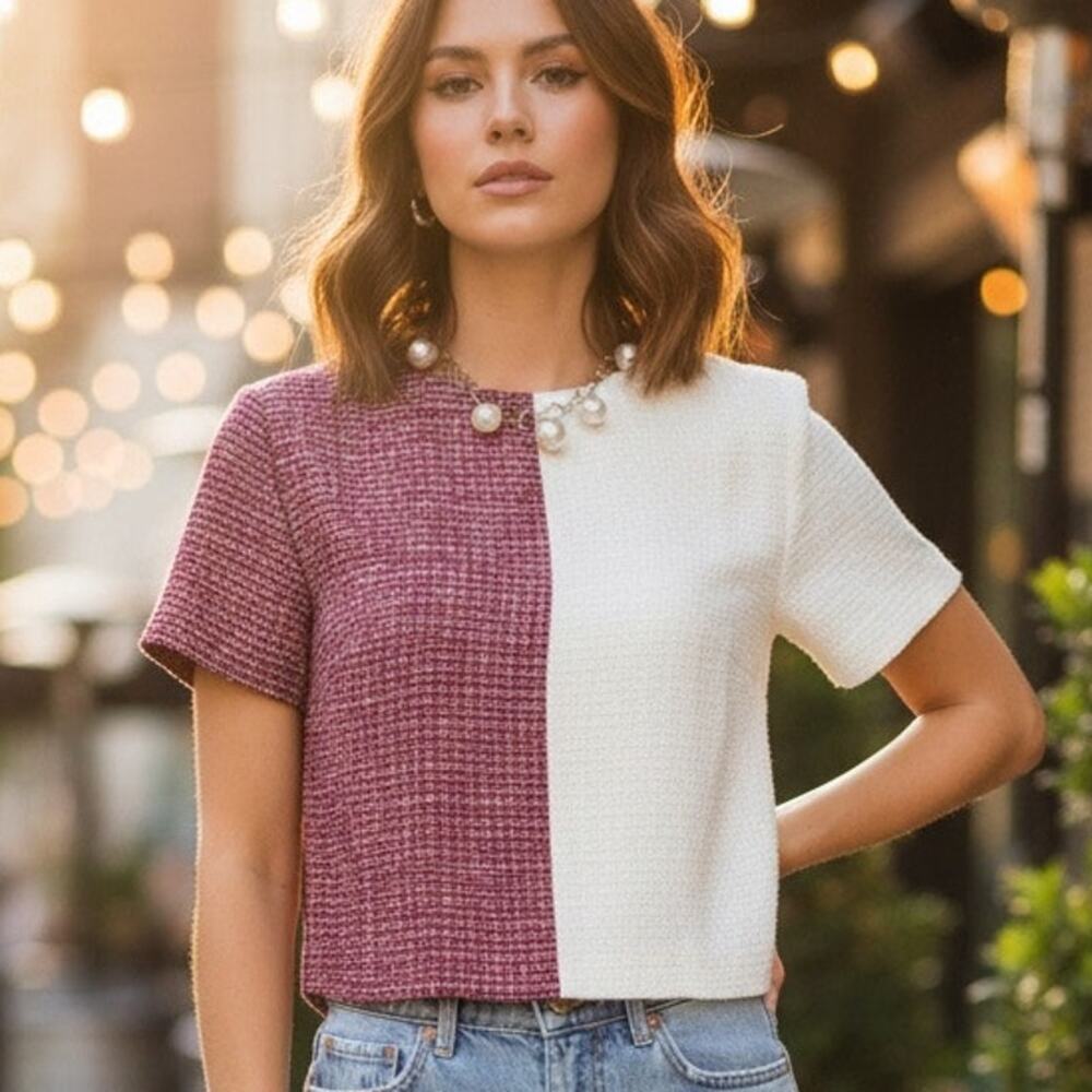 NWT Naked Zebra Cropped Tweed Colorblock Blouse